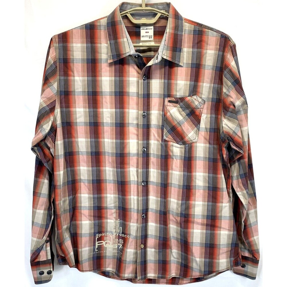 ProJek Raw Men's Sz XL 17-37 Western Earth Tones Plaid Long Sleeve Cotton Shirt